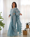 peach color ready to wear ruffle saree - women's fashion mart