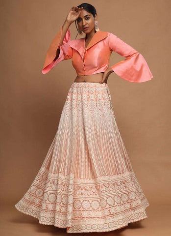 Peach Resham And Soft Net Lehenga Choli -Lehenga Choli Semi Stitched women's fashion mart