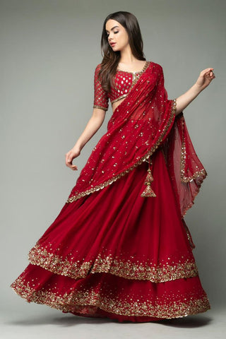 Red Color Double Ruffle Layers Lehenga Made Up Of Premium  Georgette Embellished With Beautiful Embroidery, Sequins And Zari Work Lehenga Choli - Inspired | Ready To Wear  women's fashion mart