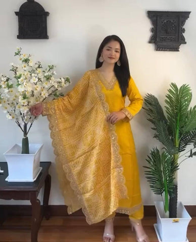 Precious Embroidery Sequence Work Yellow Color Anarkali Suit  women's fashion mart