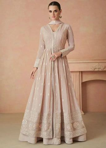 Blazing Beige Embroidered Faux Georgette Anarkali Suit - women's fashion mart