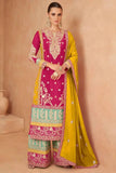 Vibrant Yellow and pink Chinon Embroidered Sharara Shuit - women's fashion mart