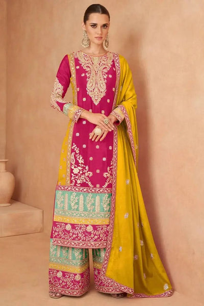 Vibrant Yellow and pink Chinon Embroidered Sharara Shuit - women's fashion mart
