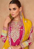 Vibrant Yellow and pink Chinon Embroidered Sharara Shuit - women's fashion mart