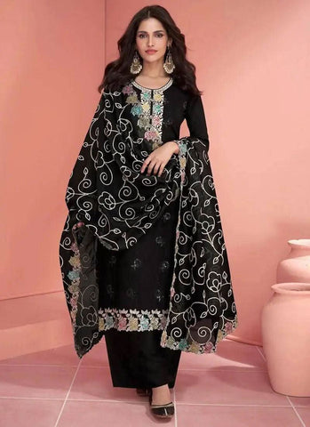 Black Embroidered Silk Salwar Suit -Salwar Kameez M women's fashion mart
