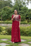 Luxury Zari Sequined Embroidered Faux Blooming Gown -Gown Maroon / M women's fashion mart