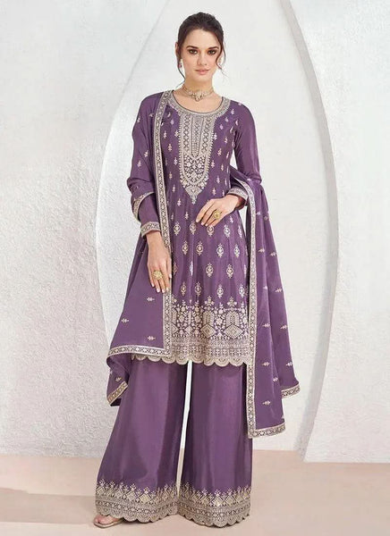 Glowing Lavender Chinon Embroidered Palazzo Suit - women's fashion mart