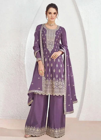 Glowing Lavender Chinon Embroidered Palazzo Suit - women's fashion mart