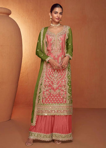 Exquisite Olive and Peach Chinon Embroidered Palazzo Suit - women's fashion mart