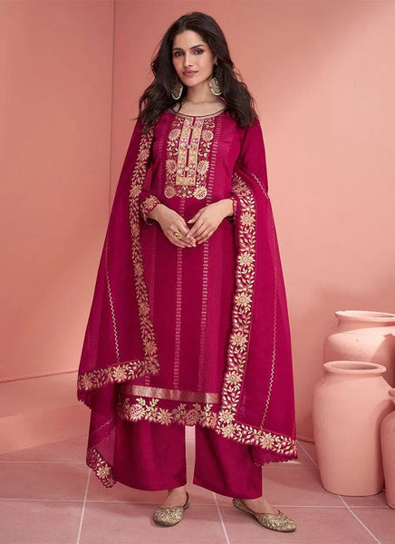 Enchanting Dark Pink Embroidered Vichitra Silk Palazzo Suit - women's fashion mart