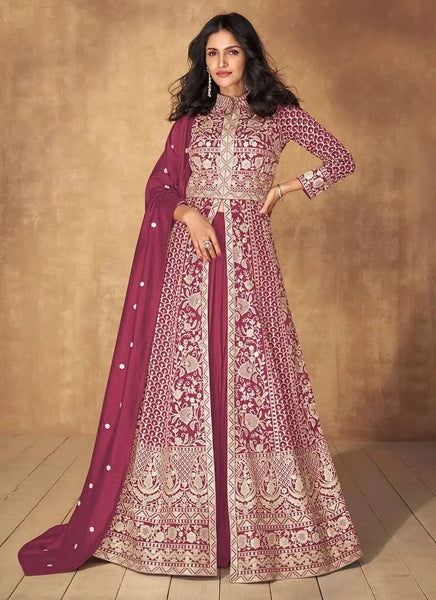 Impressive Dark Pink Vichitra Silk Embroidered Anarkali Suit - women's fashion mart