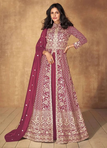Impressive Dark Pink Vichitra Silk Embroidered Anarkali Suit - women's fashion mart