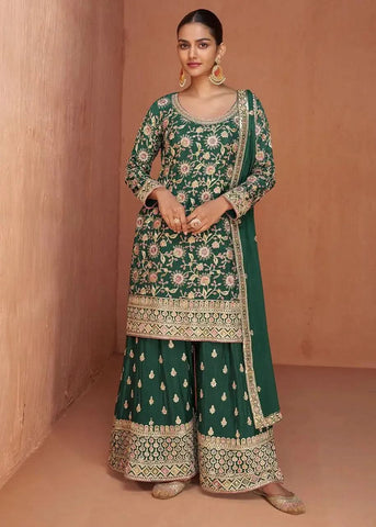 Formidable Forest Green Embroidered Chinon Palazzo Suit - women's fashion mart