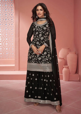 Classic Black Designer Embroidered Faux Georgette Sharara Suit - women's fashion mart