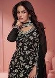 Classic Black Designer Embroidered Faux Georgette Sharara Suit - women's fashion mart