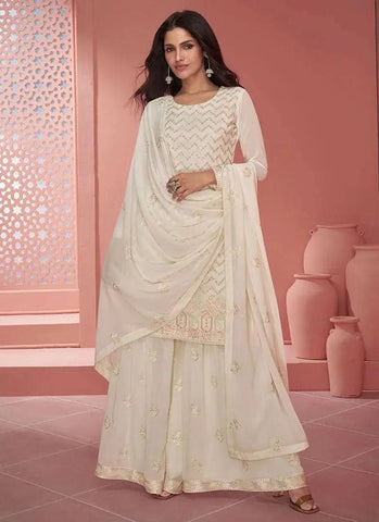 Outstanding Off-White Chinon Embroidered Sharara Suit - women's fashion mart