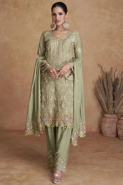 Elegant Olive Green Chinon Embroidered Palazzo Suit - women's fashion mart