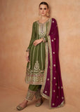 Charming and Superb Olive Chinon Embroidered Salwar Kameez - women's fashion mart