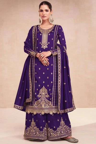 Pristine Purple Embroidered Vichitra Silk Palazzo Suit - women's fashion mart