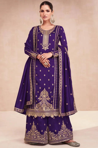 Pristine Purple Embroidered Vichitra Silk Palazzo Suit - women's fashion mart