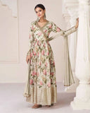 Iconic Off-White Floral Embroidered TB Silk Gown With Dupatta -Gown M women's fashion mart