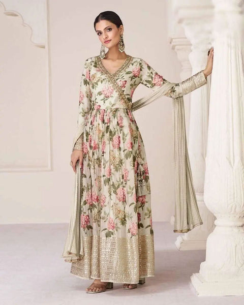 Iconic Off-White Floral Embroidered TB Silk Gown With Dupatta -Gown M women's fashion mart