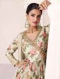 Iconic Off-White Floral Embroidered TB Silk Gown With Dupatta -Gown M women's fashion mart