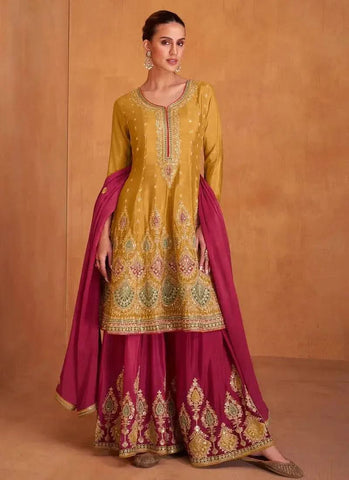 Majestic Mustard Embroidered Chinon Palazzo Suit - women's fashion mart
