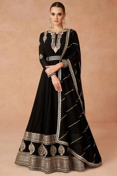 Black Faux Georgette Embroidered Gown With Belt -Gown M women's fashion mart
