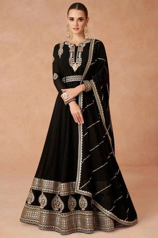 Black Faux Georgette Embroidered Gown With Belt -Gown M women's fashion mart