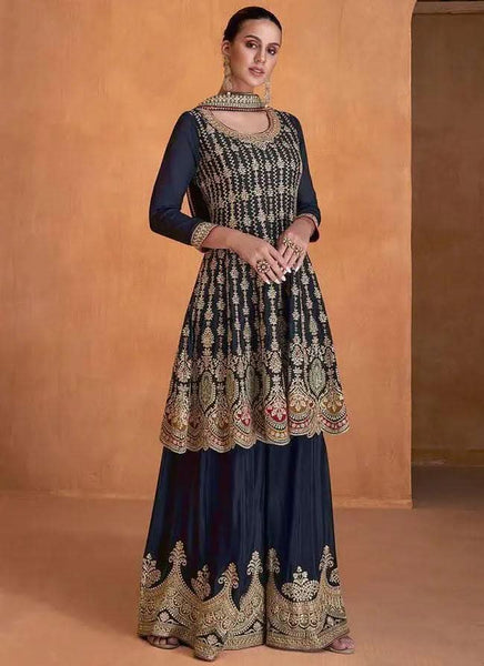 Classic Royal Blue Chinon Embroidered Palazzo Suit -Salwar Kameez M women's fashion mart