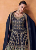 Classic Royal Blue Chinon Embroidered Palazzo Suit -Salwar Kameez M women's fashion mart