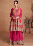 Exquisite Pink-Orange Embroidered Chinon Palazzo Suit -Salwar Kameez M women's fashion mart