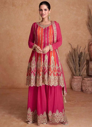 Exquisite Pink-Orange Embroidered Chinon Palazzo Suit -Salwar Kameez M women's fashion mart