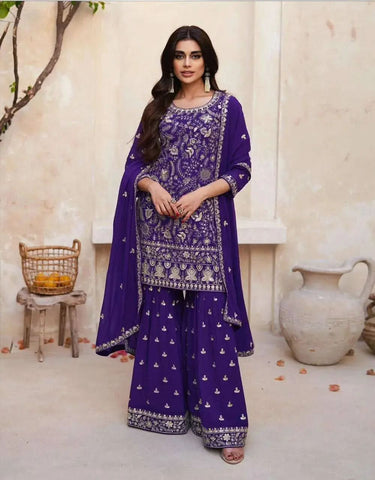 Charming Dark Purple Georgette Embroidered Sharara Suit - women's fashion mart