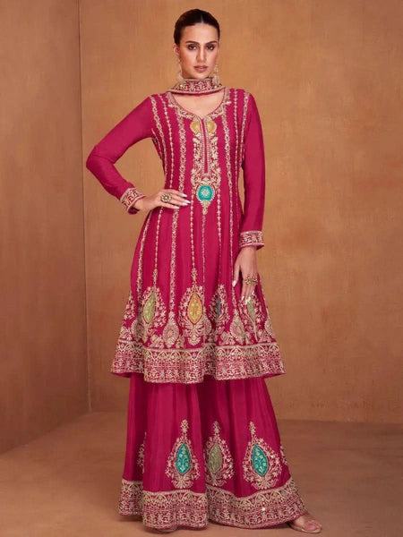 Fabulous Dark pink Chinon Embroidered Palazzo Suit - women's fashion mart