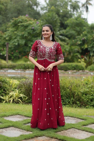 Luxury Zari Sequined Embroidered Faux Blooming Gown -Gown Maroon / M women's fashion mart