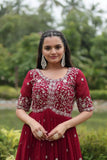 Luxury Zari Sequined Embroidered Faux Blooming Gown -Gown Maroon / M women's fashion mart