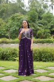 Luxury Zari Sequined Embroidered Faux Blooming Gown -Gown Maroon / M women's fashion mart