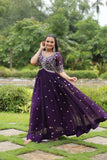 Luxury Zari Sequined Embroidered Faux Blooming Gown -Gown Maroon / M women's fashion mart
