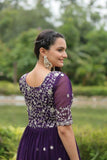 Luxury Zari Sequined Embroidered Faux Blooming Gown -Gown Maroon / M women's fashion mart