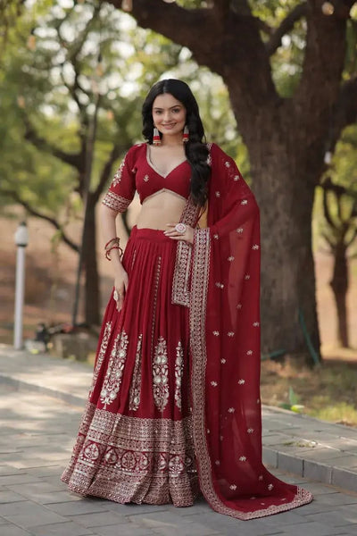 Flawless Fully Flared Maroon Georgette Embroidered Lehenga Choli - women's fashion mart