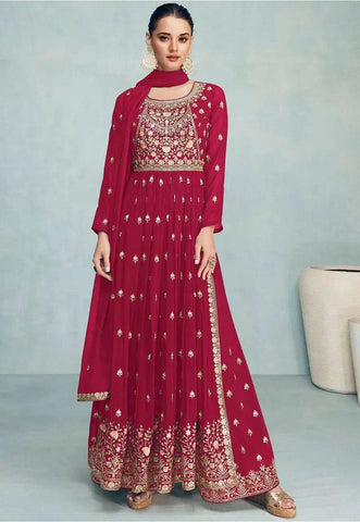 Ravishing Red Embroidered Faux Georgette Palazzo Suit - women's fashion mart