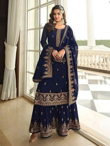 Heartwarming Navy Blue Faux Georgette Embroidered Sharara Suit - women's fashion mart