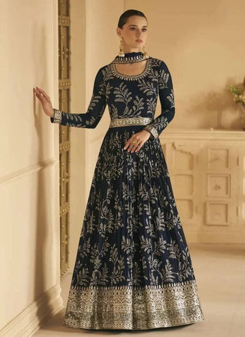 Navy Blue Faux Georgette Embroidered Anarkali Gown -Salwar Kameez L women's fashion mart