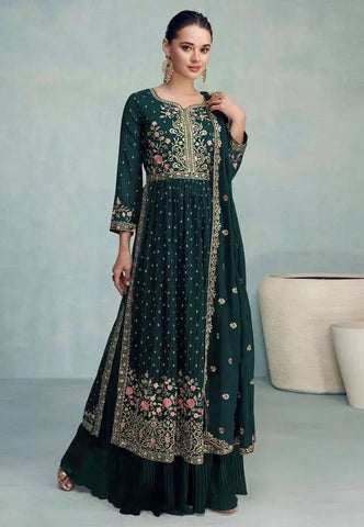 Fabulous Forest Green Faux Georgette Embroidered Palazzo Suit - women's fashion mart