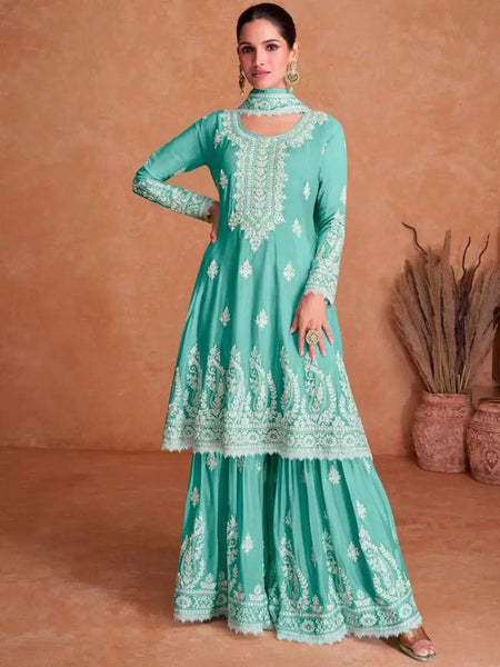 Angelic Aqua Faux Georgette Embroidered Sharara Suit - women's fashion mart