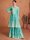 Angelic Aqua Faux Georgette Embroidered Sharara Suit - women's fashion mart