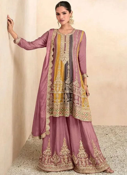 Mesmeric Mauve Multi Embroidered Chinon Palazzo Suit - women's fashion mart