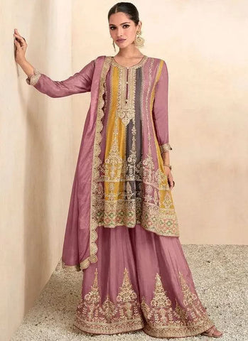 Mesmeric Mauve Multi Embroidered Chinon Palazzo Suit - women's fashion mart